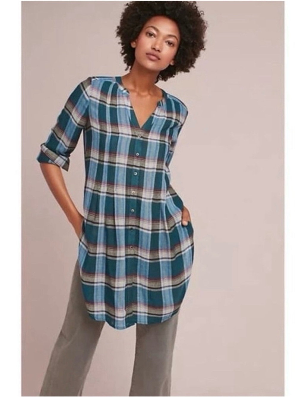 ANTHROPOLOGIE AKEMI + KIN Lucie Button Front Long Sleeve Tunic Dress Size S